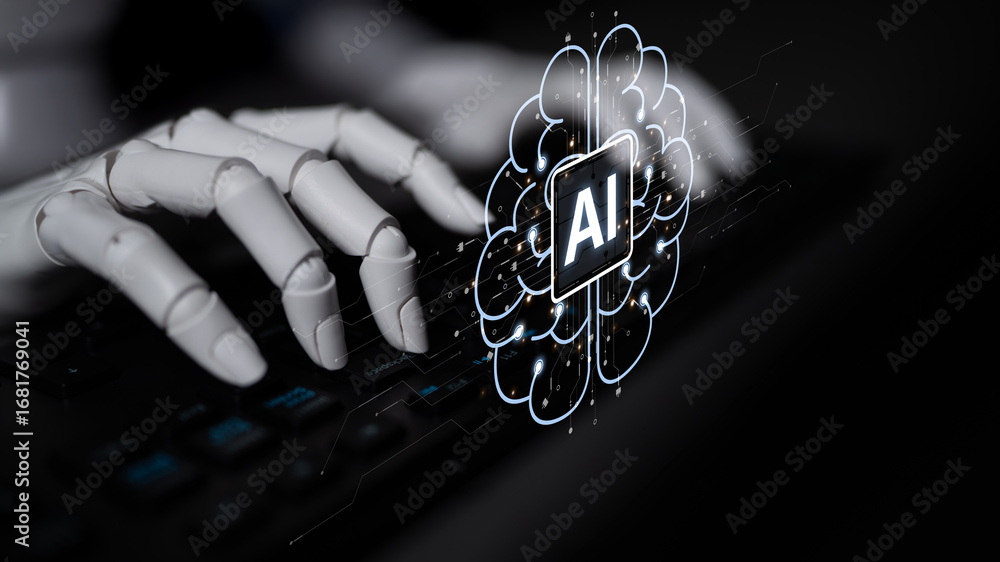 Poster ai brain processes big data with generative ai, llms, and machine learning to support business decis