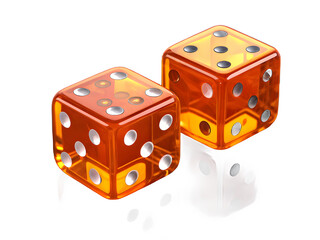 Two translucent orange dice with white pips against a black background