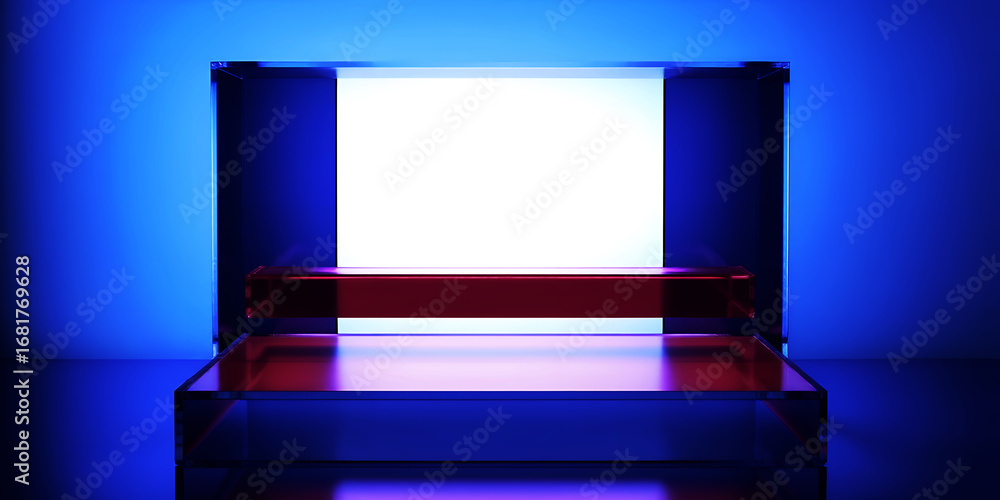 Poster abstract composition featuring a red bar between two glass like blocks with blue lighting