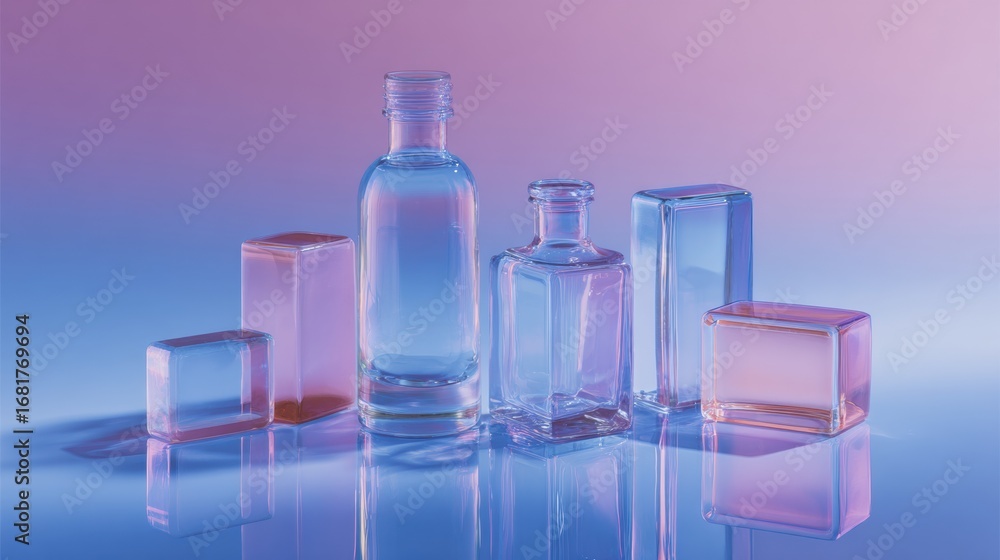 Aufkleber creative arrangement of colorful glass containers on a gradient background in a studio setting