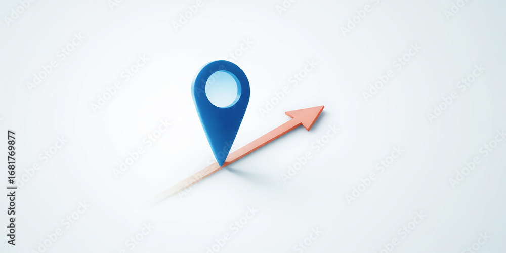 Poster a blue location pin with a red arrow pointing to the right on a white background surface