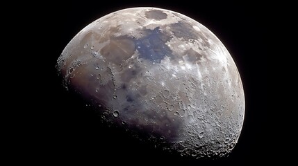 against a black backdrop, the image features a close up view of a celestial object with a heavily textured surface
