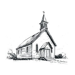 Rustic church building in a serene countryside setting. Vector illustration