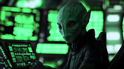 Alien sci-fi scene with extraterrestrial and futuristic technology interface