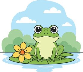 Isolated need Vector illustration of a frog sitting on a lily pad with a yellow flower in a simple outdoor scene. The scene captures a cute animal in its natural habitat