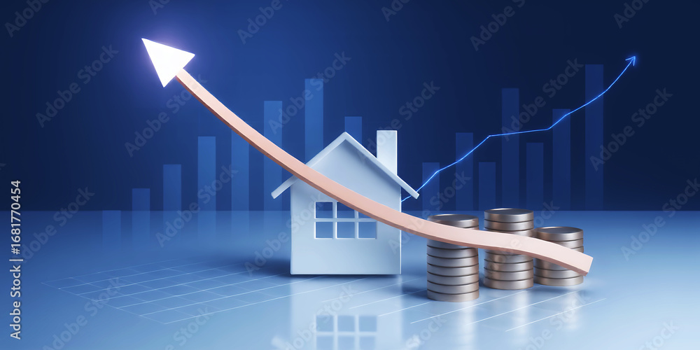 Poster a house model with coins and an upward arrow against a blue background with graph bars