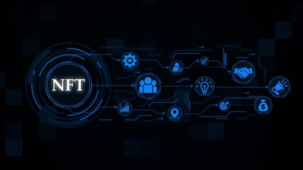 NFT Non-fungible token digital crypto on virtual screen. business technology virtual screen background. performance metrics, and business insights from large data sets ,network , business ,technology 