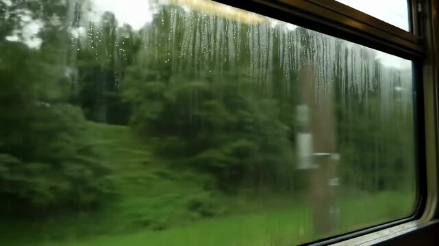 Window of a rushing train in the rain with green landscape and blurred view outside