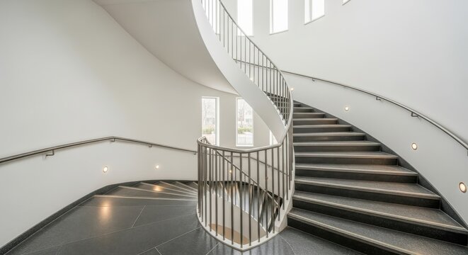 Elegant spiral staircase design inside a modern building with natural light creating an open and inviting space for architectural design enthusiasts - Powered by Adobe