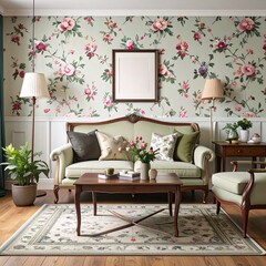 Retro living room with floral wallpaper