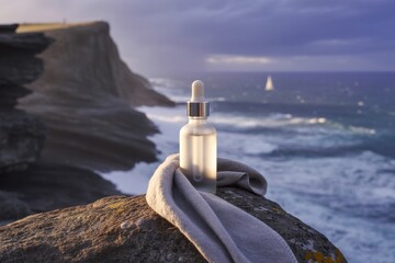 Glass dropper bottle with gray fabric, on a coastal cliff at sunset, minimalist and serene style, for skincare and beauty brands