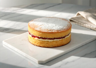 Freshly baked dessert with cream and chocolate on a white plate