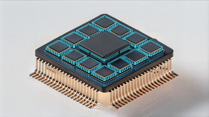 Isometric view of a multi-layered computer processor chip.