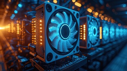 Close-up of glowing computer hardware components in a server farm