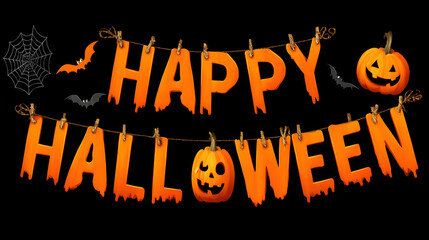 Orange Halloween banner hangs against black, evokes holiday spirit. Great for social media, posters, and Halloween-themed designs.