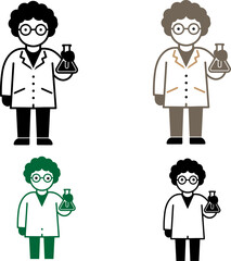 Four cartoon scientists holding flasks demonstrating scientific discovery and chemistry research concepts