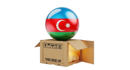 Azerbaijan flag sphere on cardboard box isolated on transparent background