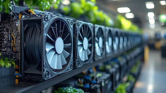 Rows of black computer hardware with cooling fans,  plants