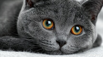Close-up of a gray cat with amber eyes, resting peacefully