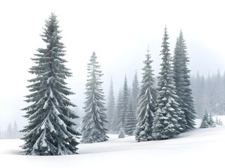 Fototapeta premium Snow covered evergreen trees in a winter forest landscape