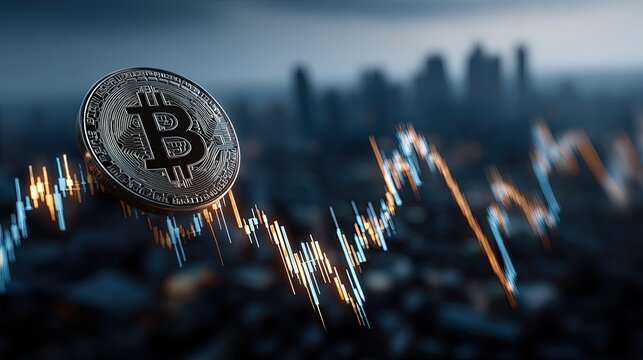 Bitcoin coin hovering over city skyline with stock market graphs