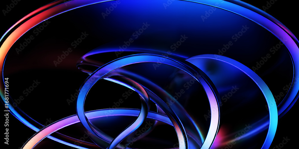 Poster abstract rendering of intertwined luminous rings against a black background showing depth