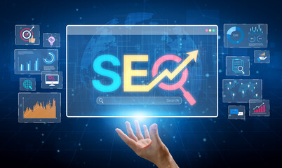 SEO concept for improving SEO visibility, with SEO related digital tools and SEO performance icons...