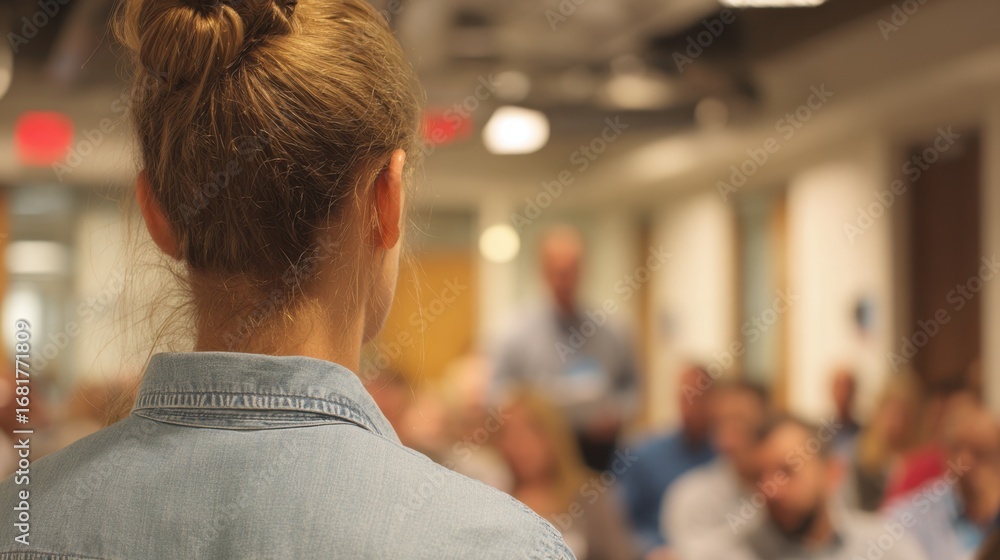 Poster medium shot capturing a trainer conducting a regulatory compliance workshop with attendees out of fo