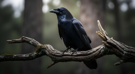 Obraz premium A Raven Perched on a Moss Covered Branch in a Misty Forest