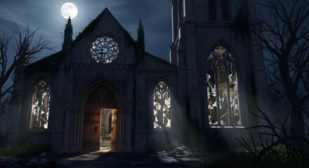 Eerie Gothic Church Bathed in Moonlight Mysterious Entrance Beckons