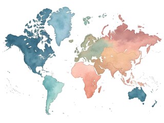 Fototapeta premium Watercolor world map with continents in different soft colors