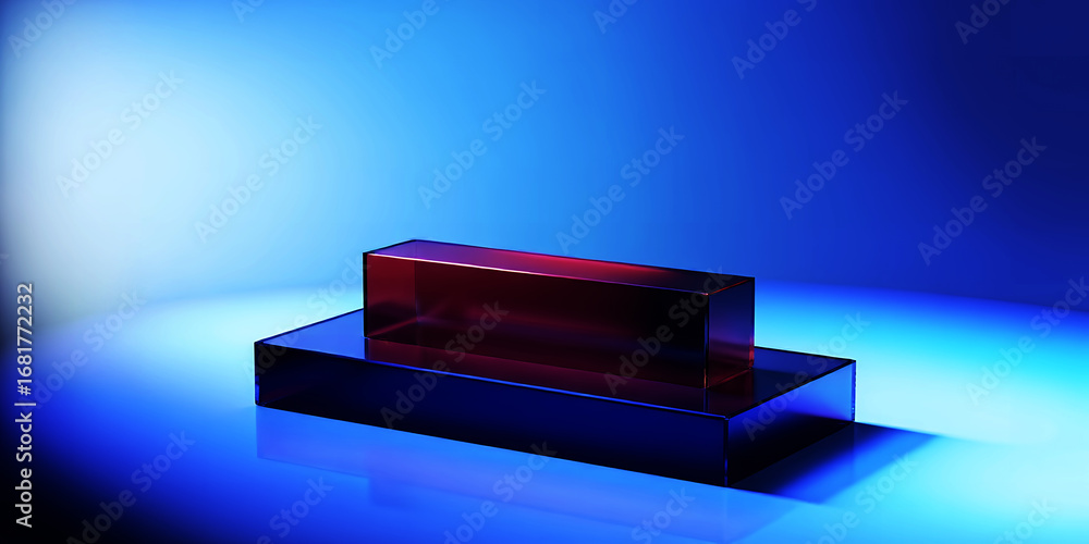 Poster a captivating studio shot showcasing two translucent rectangular prisms on a blue gradient backdrop