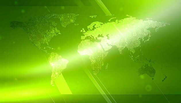 A vibrant, digital world map illustration features a bright, luminous green background with intersecting, linear elements and a detailed world map composed of intricate dots.