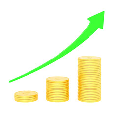 Green arrow graph showing upward trend over stacks of gold coins for financial growth