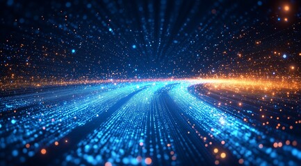 An abstract representation of a vast and glowing data stream flowing through a digital space.

