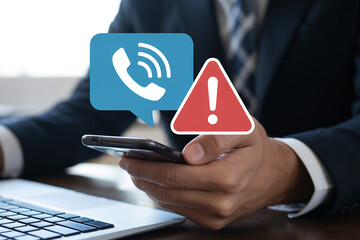 Business Professional Receiving a Spam Call Alert on Smartphone with Important Notification Icon Overlay