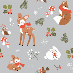 Seamless vector pattern with woodland animals. Hand drawn cute fox, deer, rabbit, fawn and bird with winter flora. Perfect for textile, wallpaper or nursery print design.