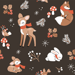 Seamless vector pattern with woodland animals. Hand drawn cute fox, deer, rabbit, fawn and bird with winter flora. Perfect for textile, wallpaper or nursery print design.