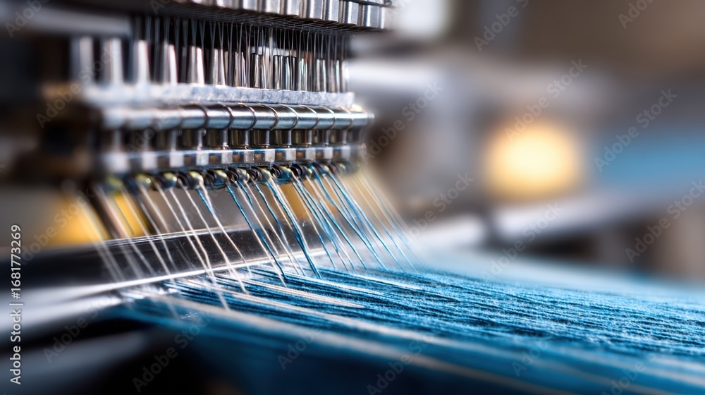 Poster medium shot of an automated knitting machine producing intricate fabric patterns with sharp focus on