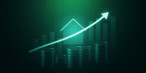 Fototapeta premium A glowing arrow points upwards near coins and a house shape against a green background