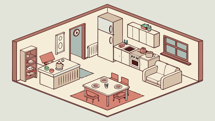 Cozy Isometric Living Room and Kitchen Interior Design Illustration