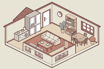Cozy Isometric Living Room and Kitchen Interior Design Illustration