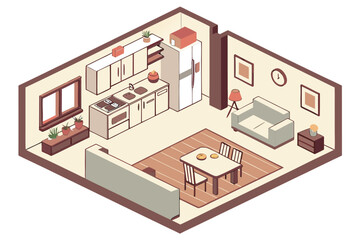 Cozy Isometric Living Room and Kitchen Interior Design Illustration