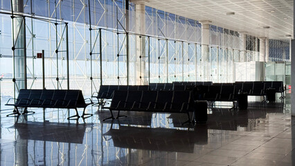 Silent airport terminal's gleaming floors await wanderlust whispers, embodying Trans-Siberian...