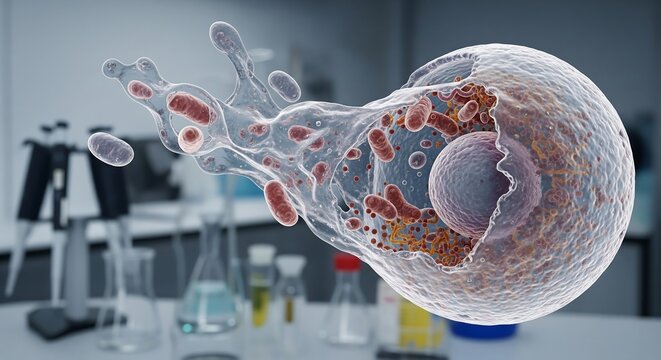 Conceptual 3D rendering of cellular apoptosis, showing a dying cell releasing organelles in a scientific research laboratory environment