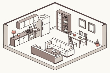 Cozy Isometric Living Room and Kitchen Interior Design Illustration