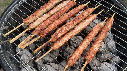 Juicy kebabs sizzle atop charcoal grill, evoking Eid al-Fitr feasts and Balkan culinary magic...