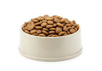 Nutritious kibble piled high in a clean white bowl, ready for a happy pet's mealtime enjoyment