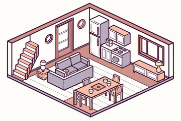 Cozy Isometric Living Room and Kitchen Interior Design Illustration