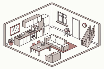 Cozy Isometric Living Room and Kitchen Interior Design Illustration